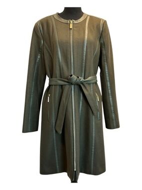 Vince Camuto Olive Army Green Wool coat zipper front faux-leather piping trim L